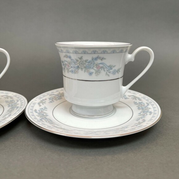 Somerset by NL Excel Cups and Saucer Sets Plates Floral Platinum Trim Lot of 4 - Picture 3 of 8